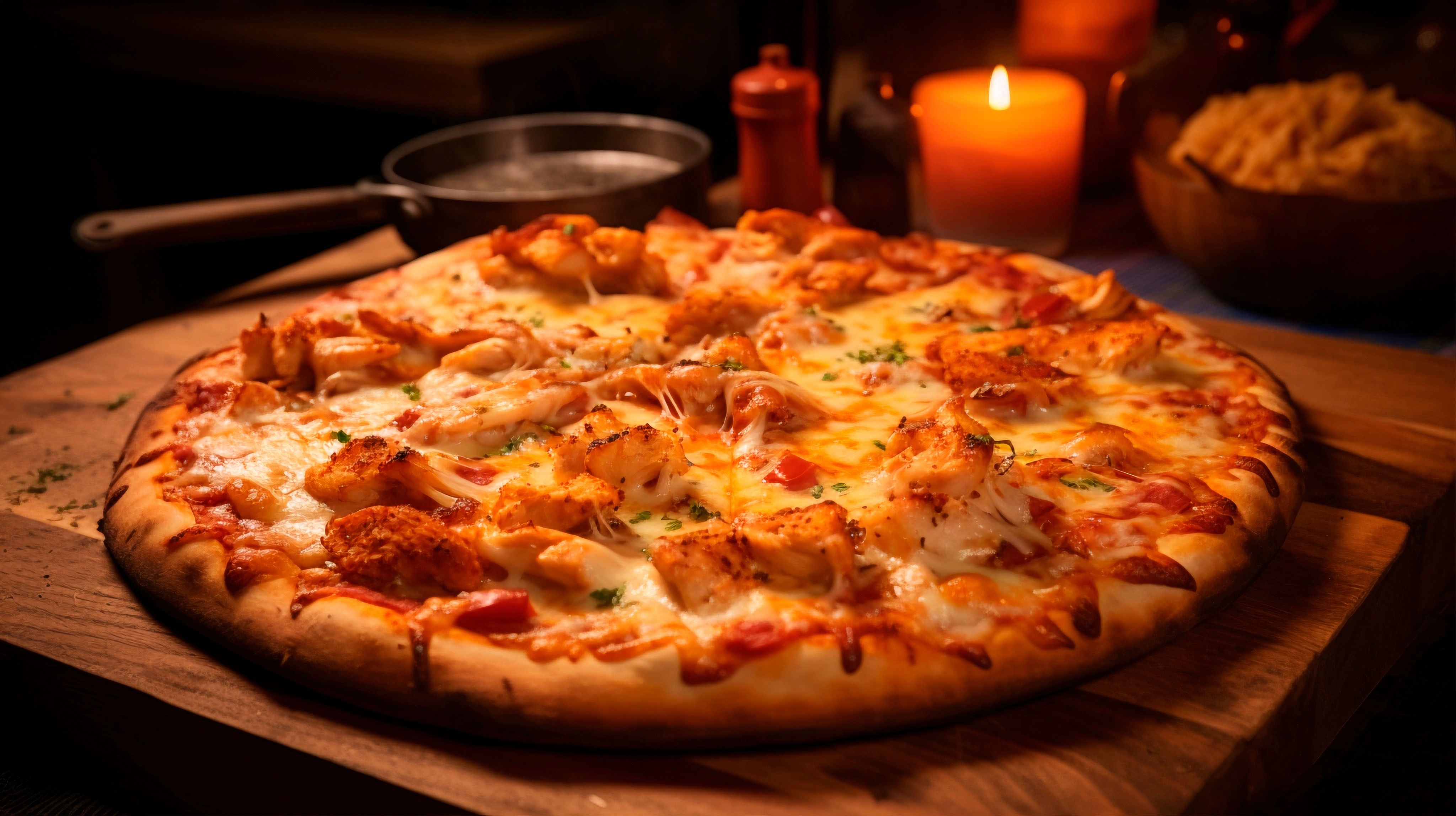 A close-up of a large, round pizza topped with melted white cheese, tomato sauce, and chunks of golden-brown chicken, presented on a wooden board in a dimly lit, cozy restaurant setting with a lit candle.