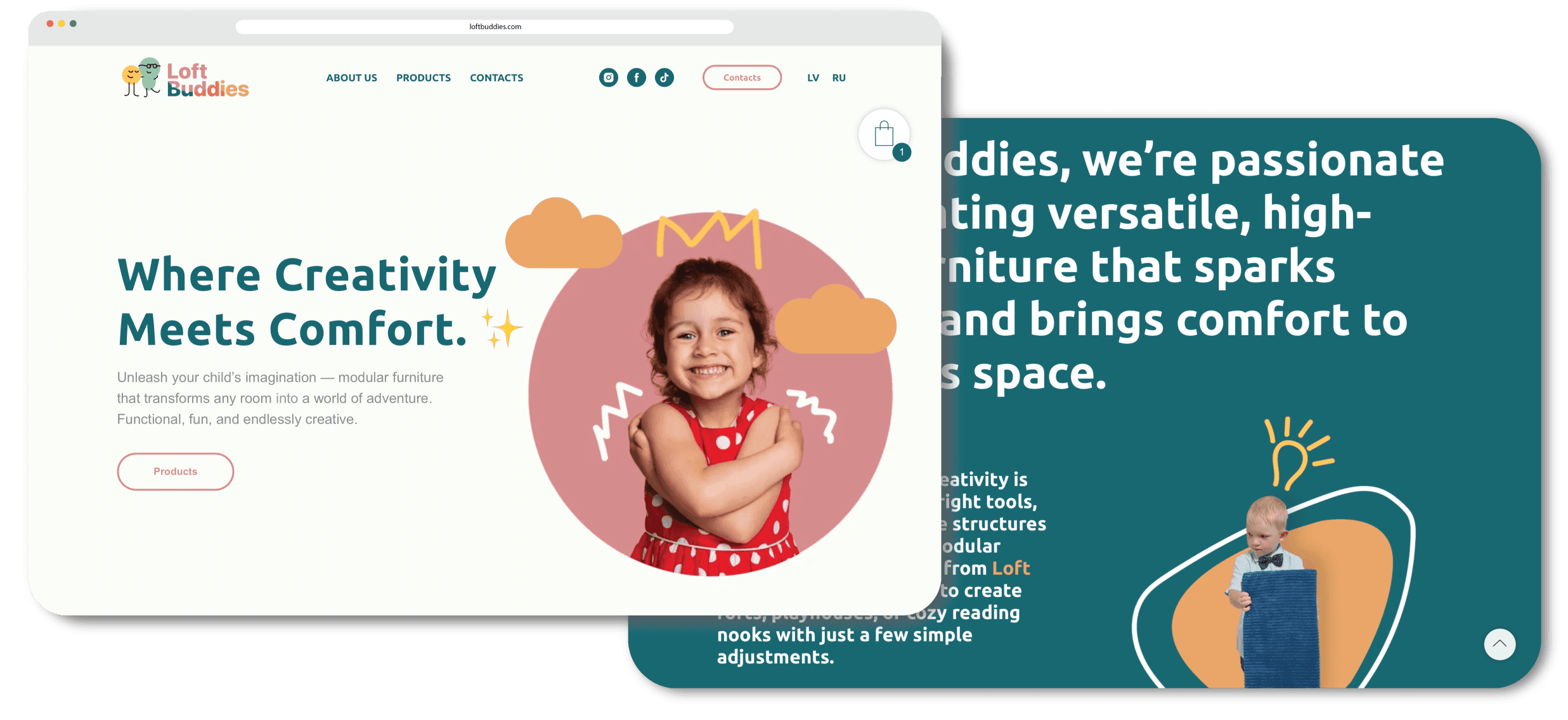 Loft Buddies children's furniture ecommerce website desktop view showing Where Creativity Meets Comfort homepage