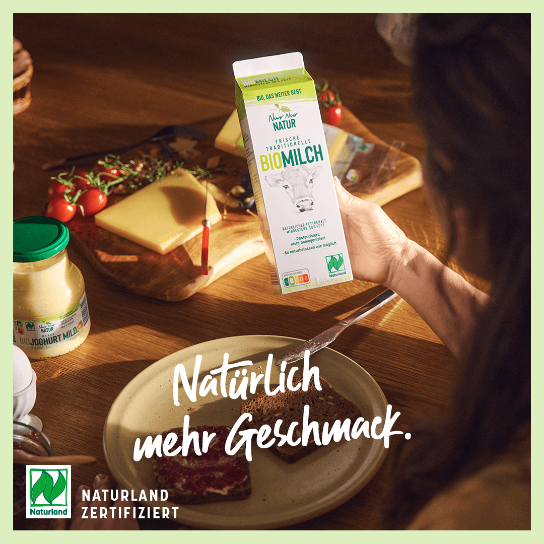 Lifestyle image showing a person enjoying organic dairy products, emphasising natural ingredients and everyday quality.