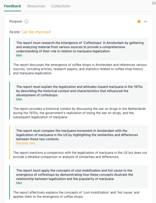 thesify pre-submission feedback report evaluating a manuscript's purpose and identifying a partially met requirement for detailed comparative analysis.