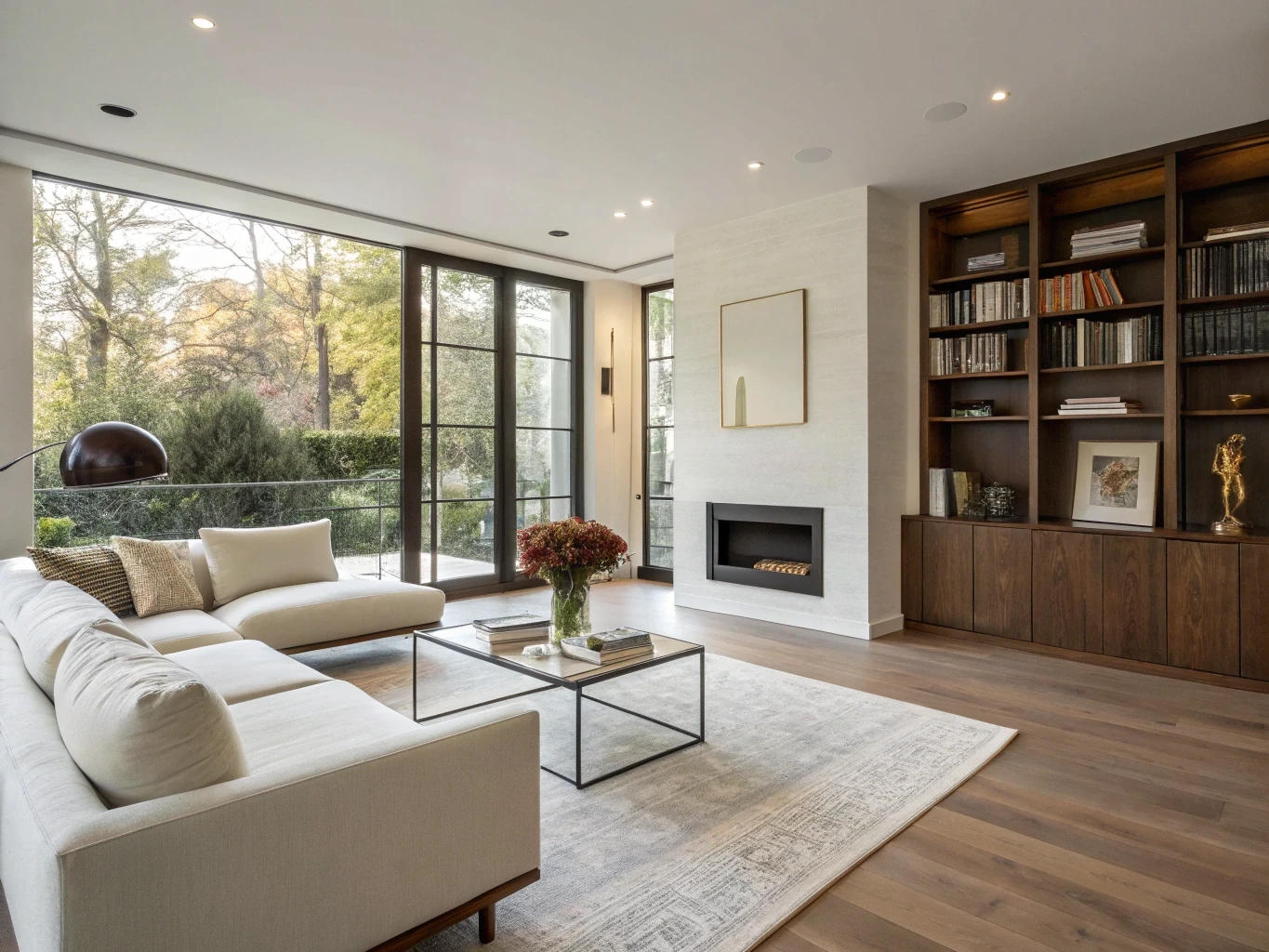 Warm modern interior with large windows and fireplace