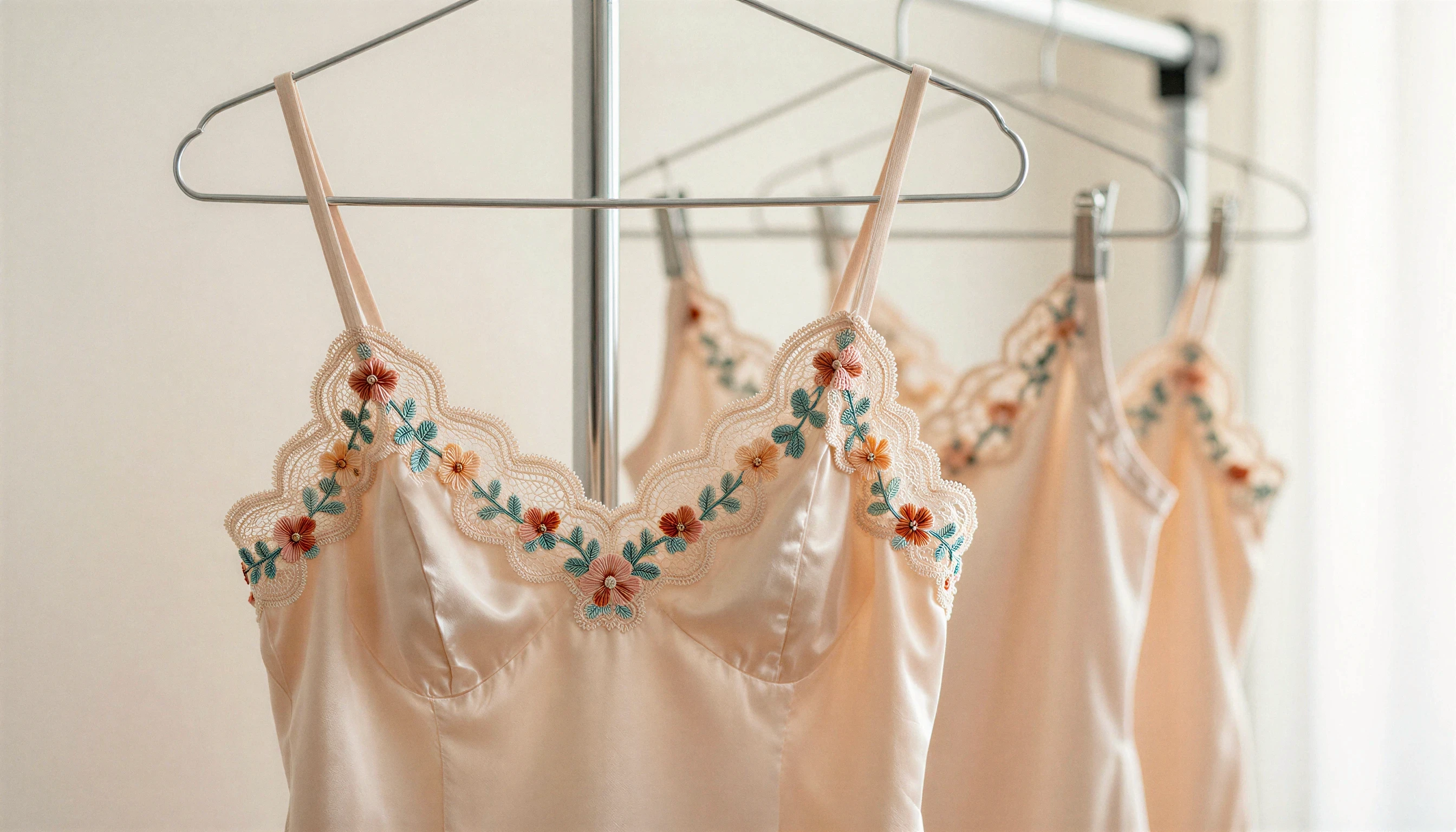 Blush satin slips with floral embroidery hanging on metal hangers.