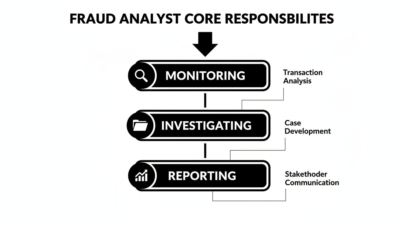 Flowchart illustrating fraud analyst core responsibilities: monitoring, investigating, and reporting with key sub-tasks.