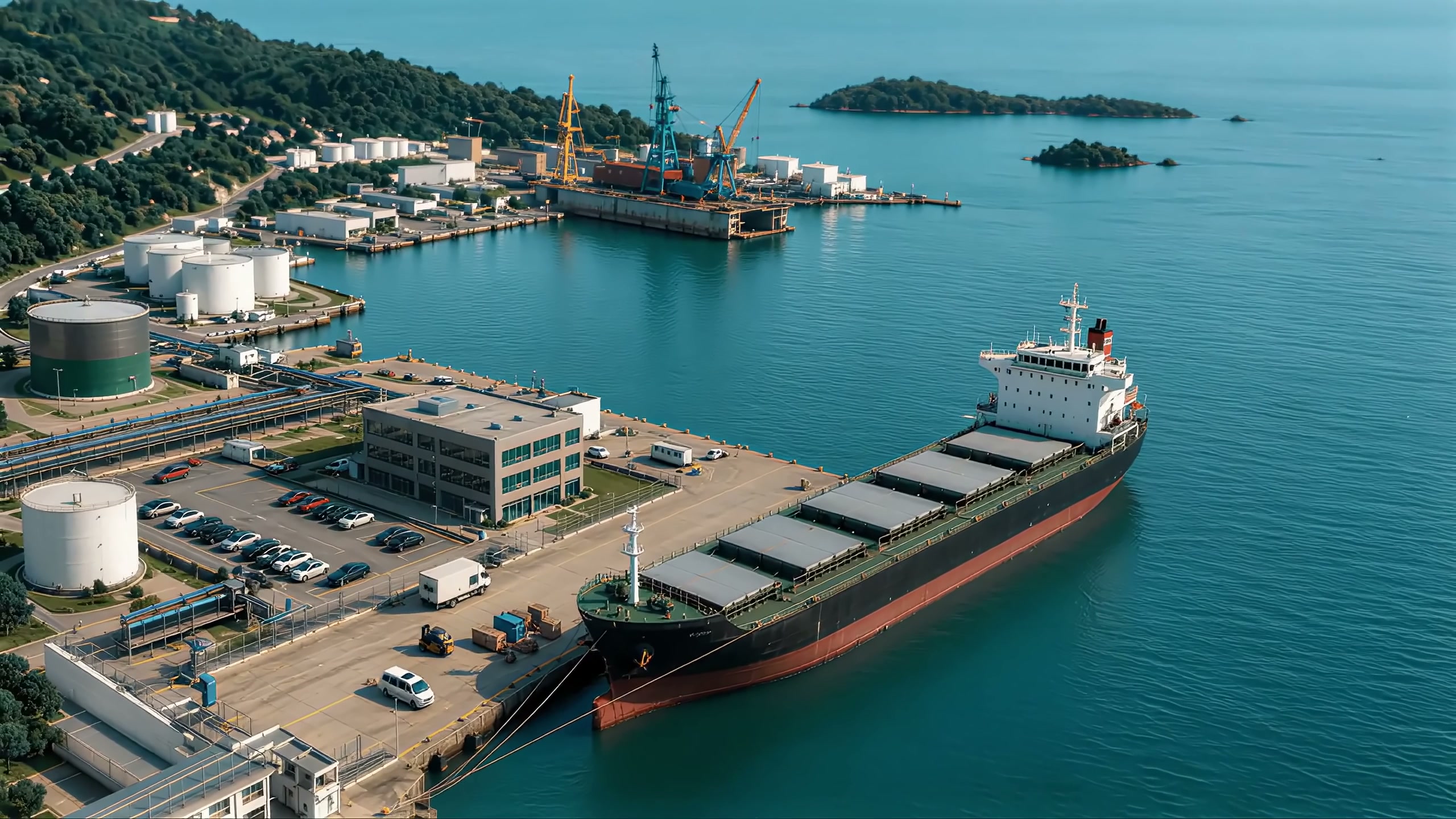 A bulk carrier alongside at an industrial pier