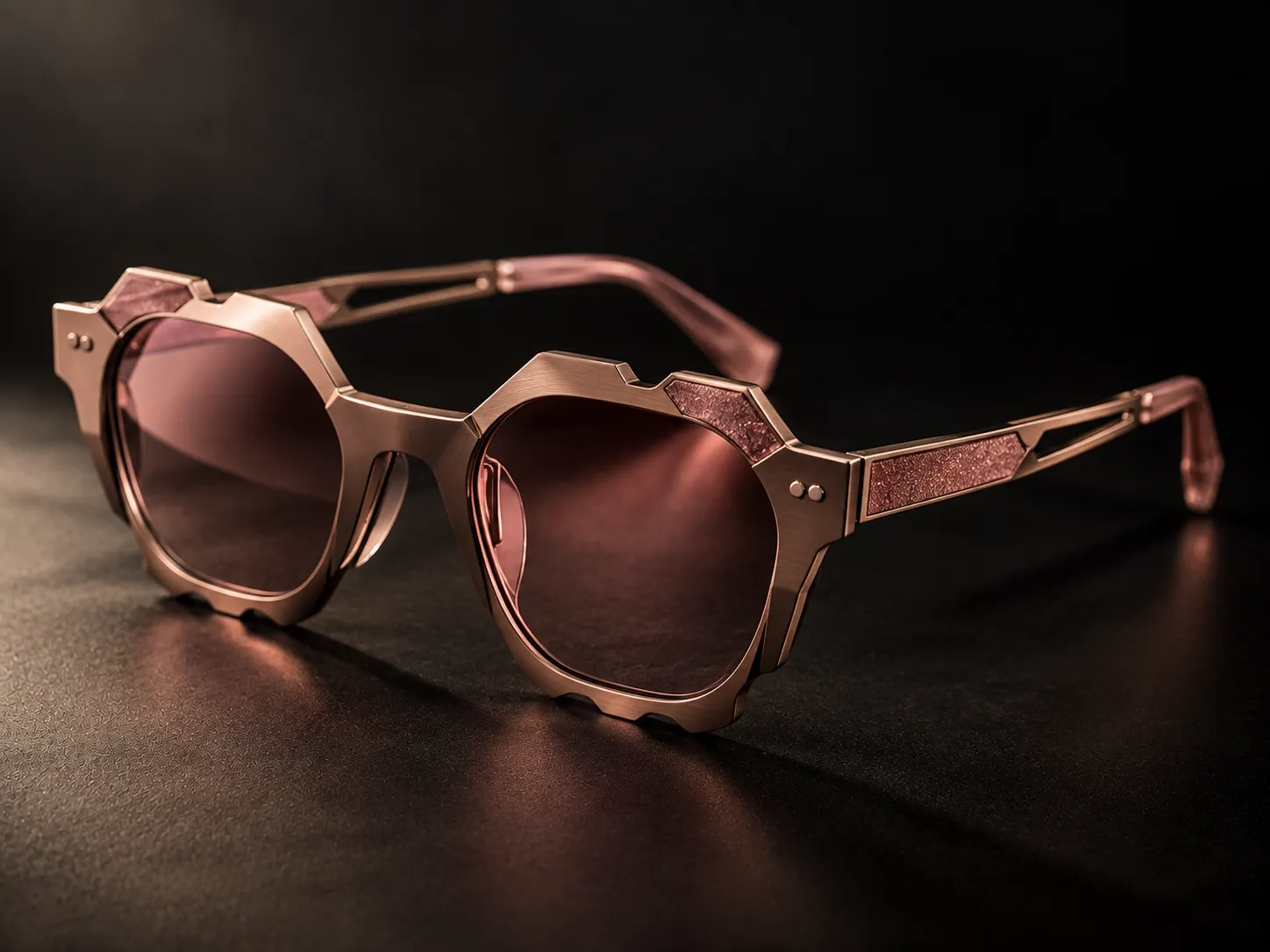 Occhiale IDIA dalle tonalità rosa e metalliche con lenti colorate coordinate alla montatura, fotografato in studio su fondo scuro. Gli occhiali su misura IDIA di Ottica Dentella ad Ancona possono essere personalizzati anche attraverso il colore e la tonalità delle lenti, studiando l’abbinamento con montatura, materiali, colori personali e risultato estetico complessivo.