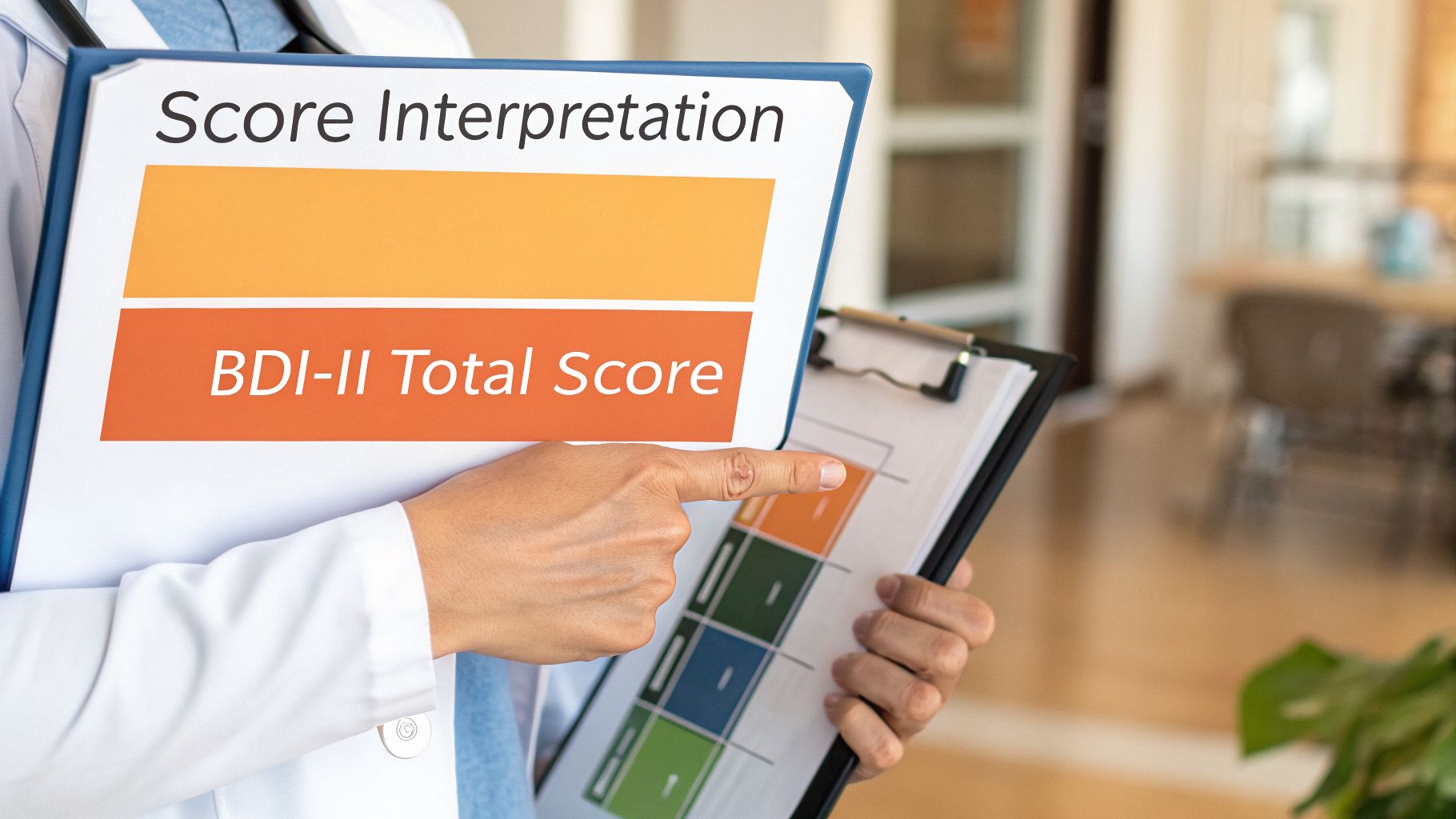 A professional interprets a BDI-II Total Score document with colored graphs, pointing to a related chart.