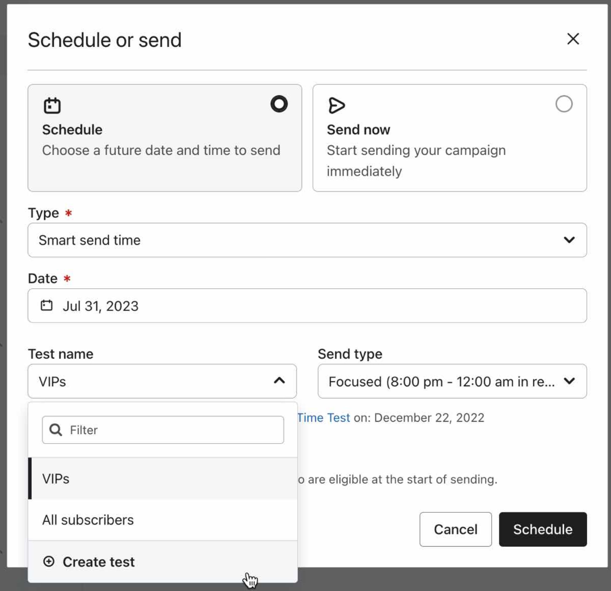 Klaviyo email scheduling interface showing the selection of 'Smart Send Time' for optimal campaign delivery to VIP and all subscribers