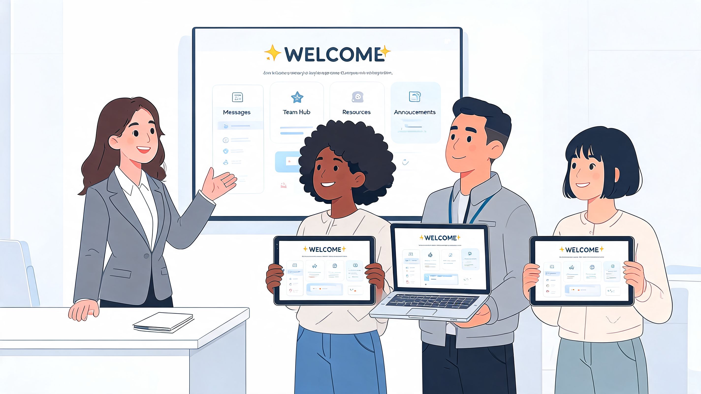 A professional woman presenting an internal communication platform to three employees holding laptops and tablets.