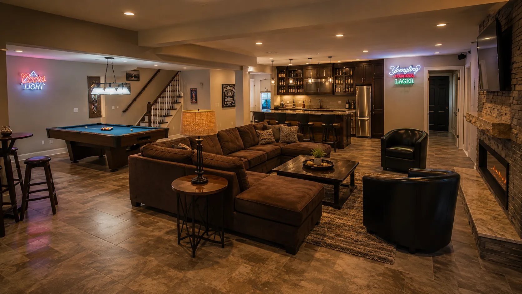 Entertainment basement with pool table, neon beer signs, brown leather seating, custom bar counter, and wood-look flooring with mood lighting.