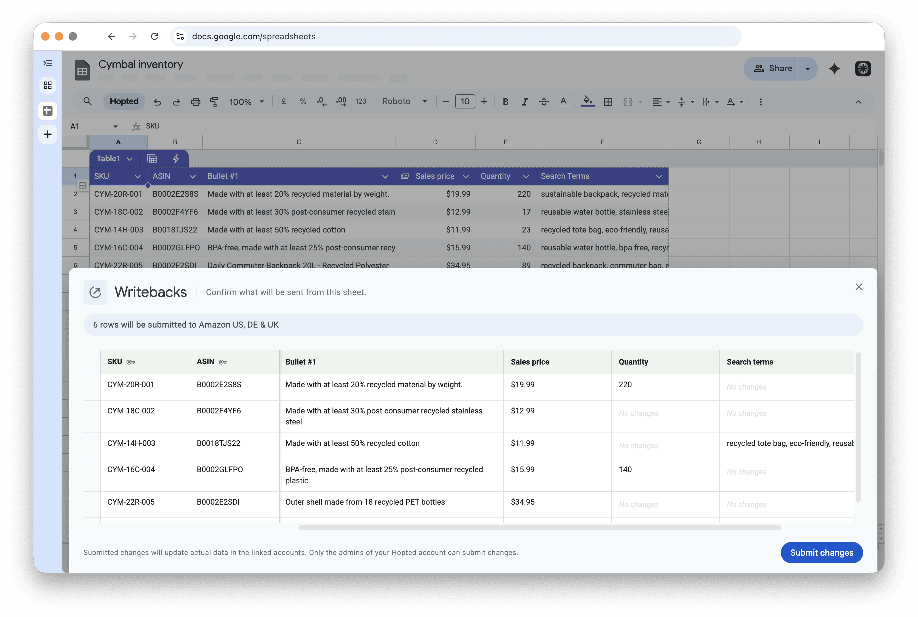 Hopted Writebacks in Google Sheets