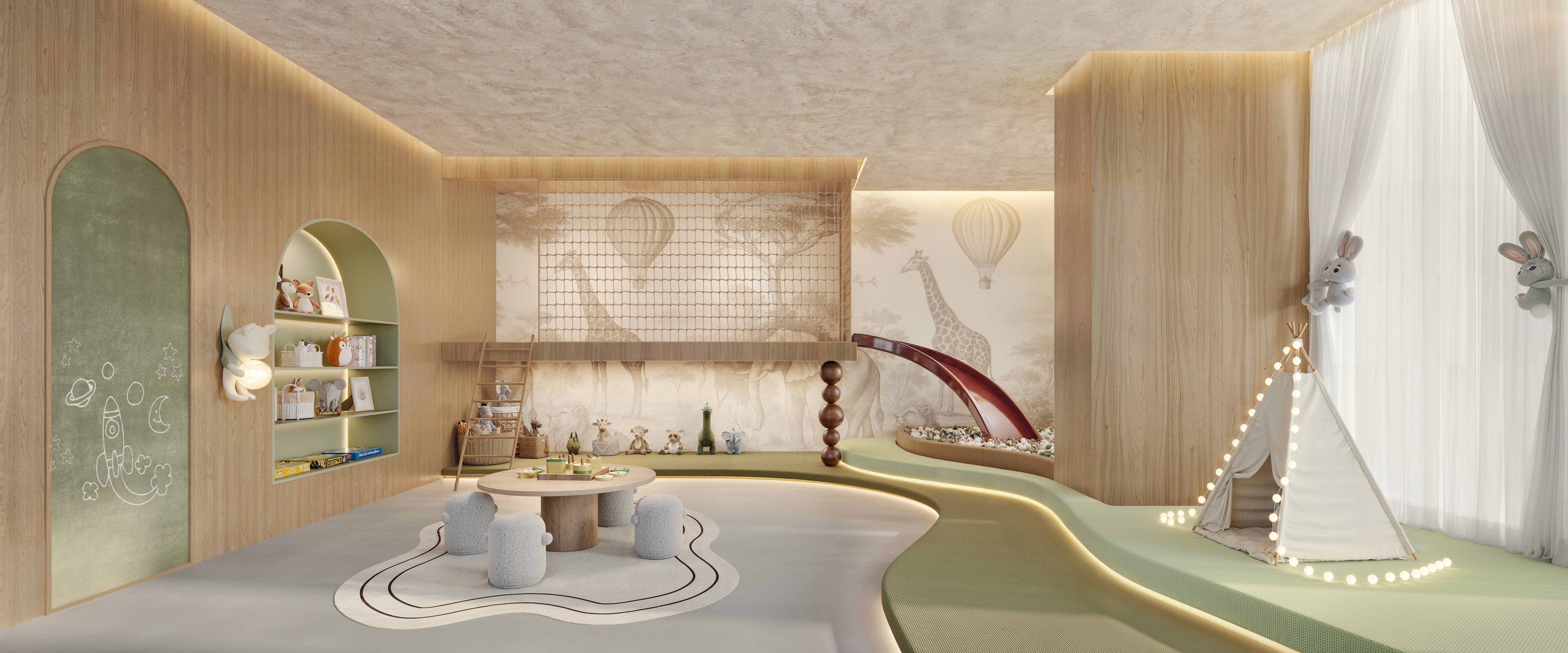 Curved modern skyscraper against a clear blue sky.