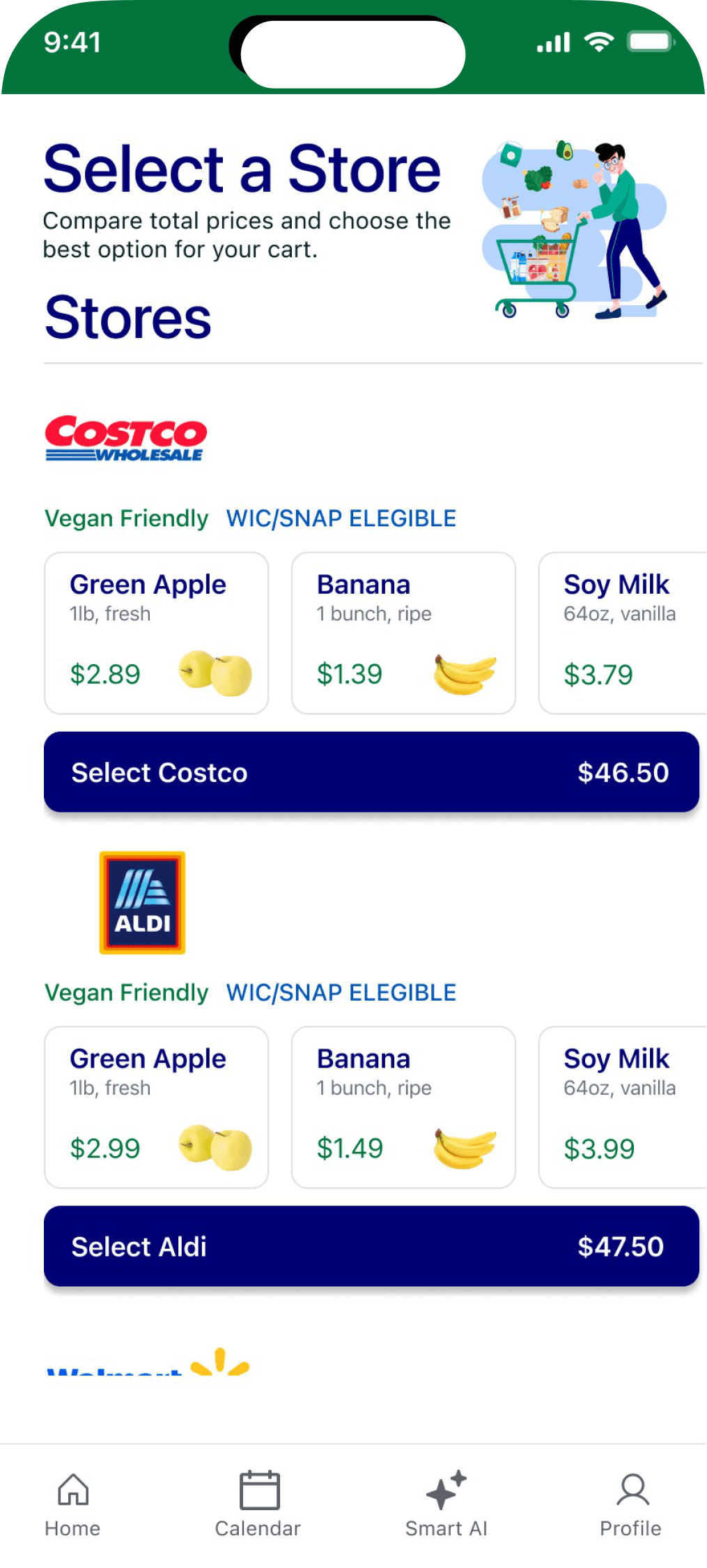 BudgetCart prototype, Select a Store screen: Costco and Aldi each show Vegan Friendly and WIC/SNAP eligible labels, item prices for green apple, banana and soy milk, and a Select button with the store's cart total.