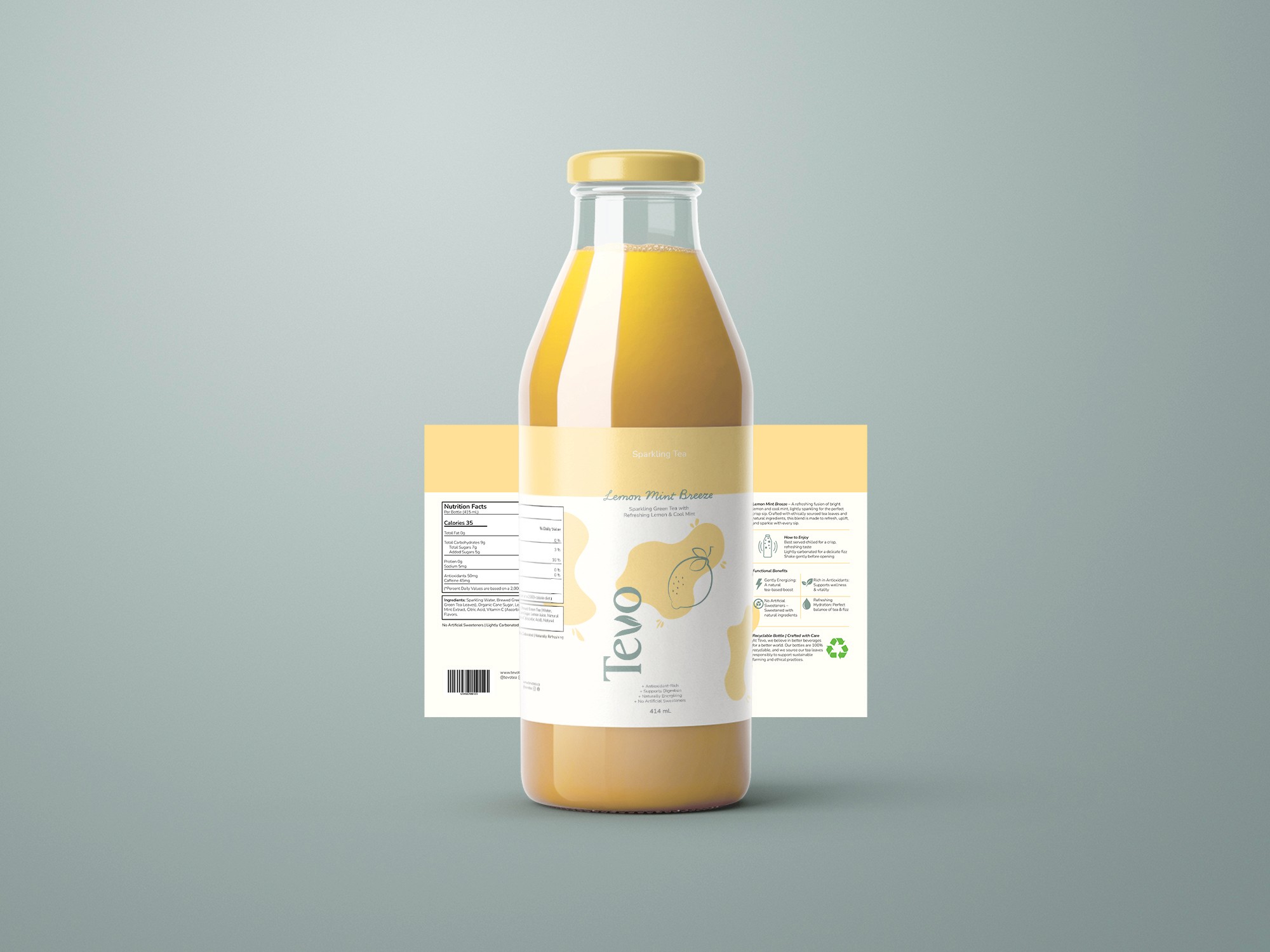 Yellow Tevo Lemon Mint Breeze beverage bottle with gold cap.