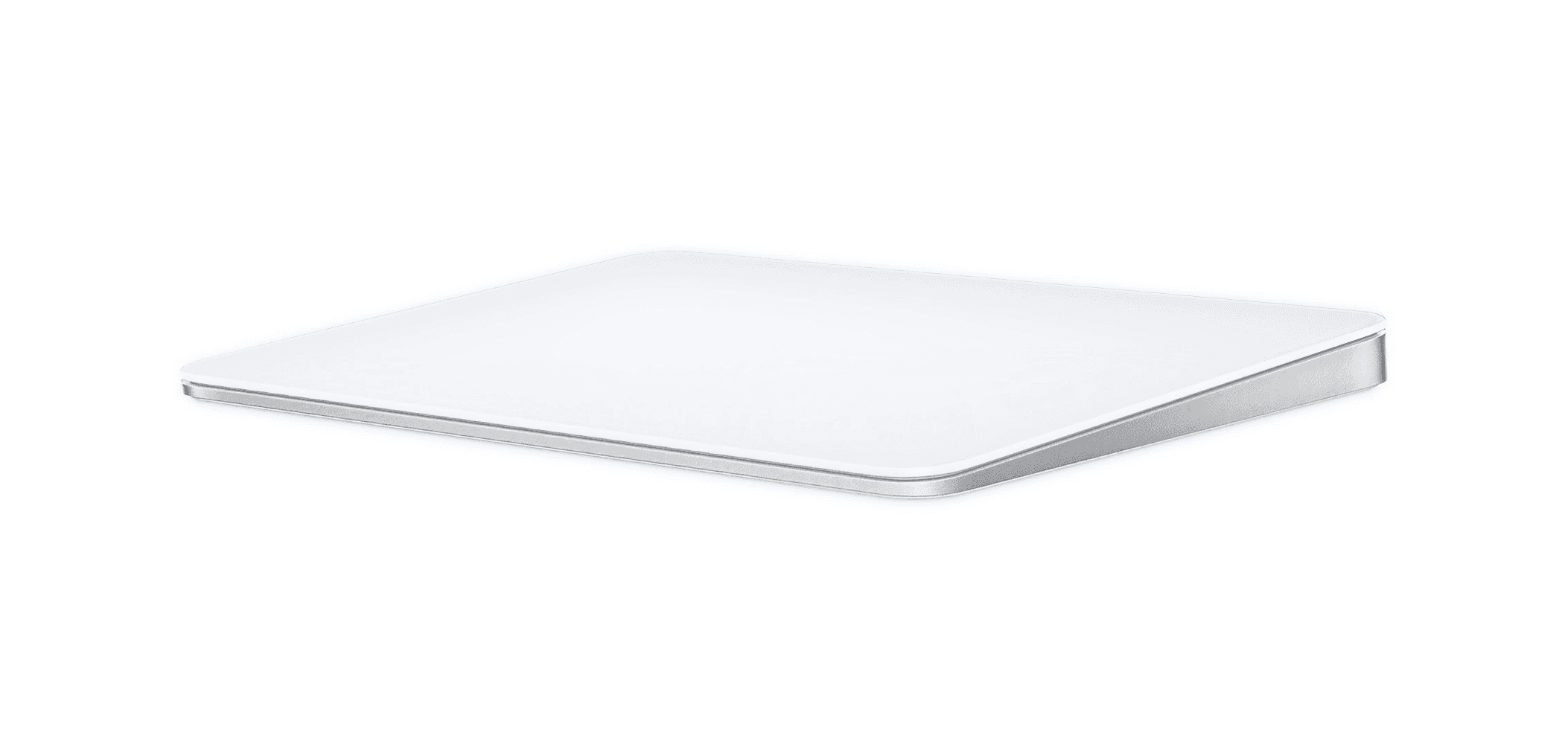 Apple Magic Trackpad in white with a sleek aluminum base and minimalist angled design.