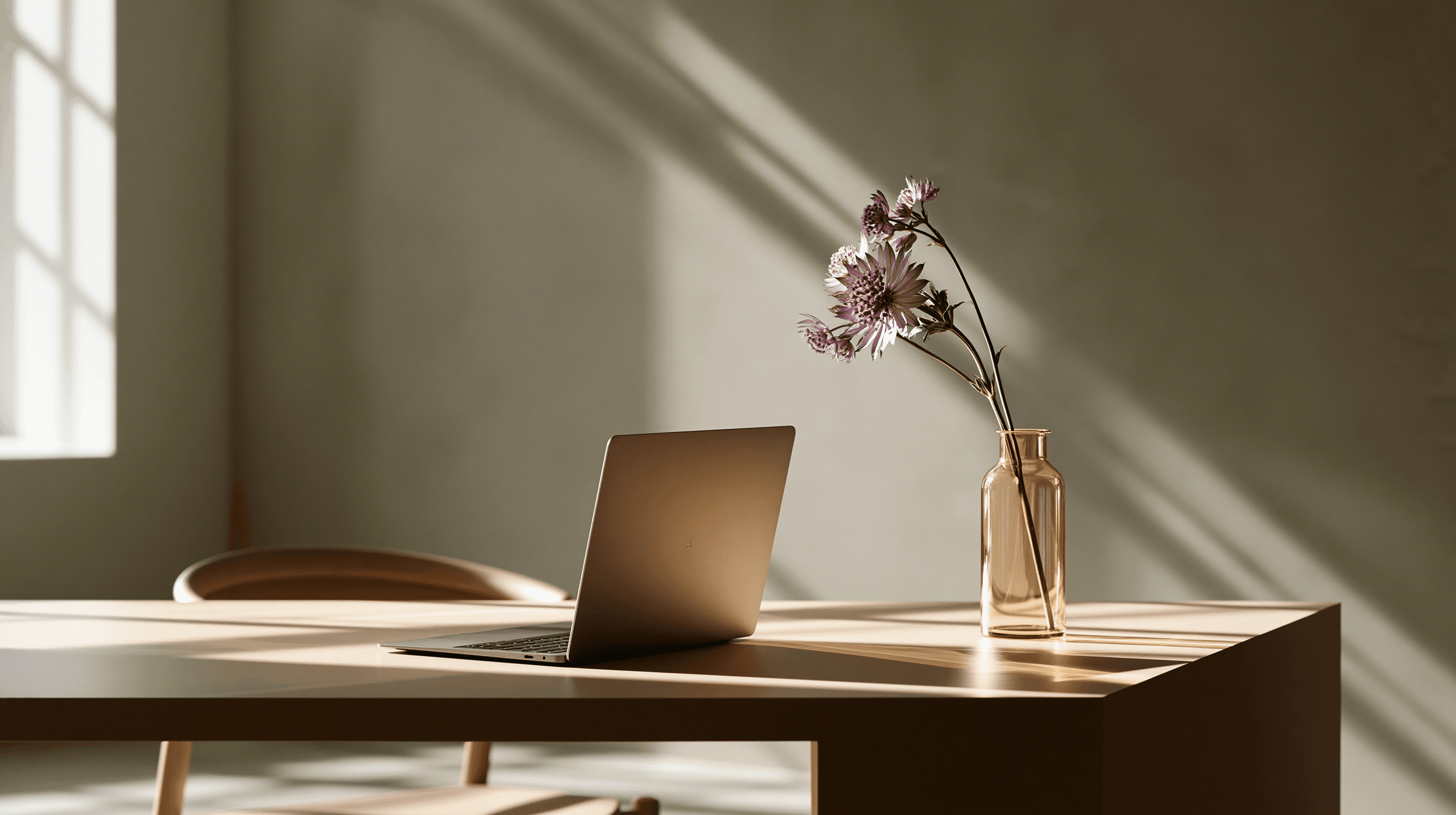 A person with curly hair sits at a desk, working on a laptop in a cozy, well-lit environment.