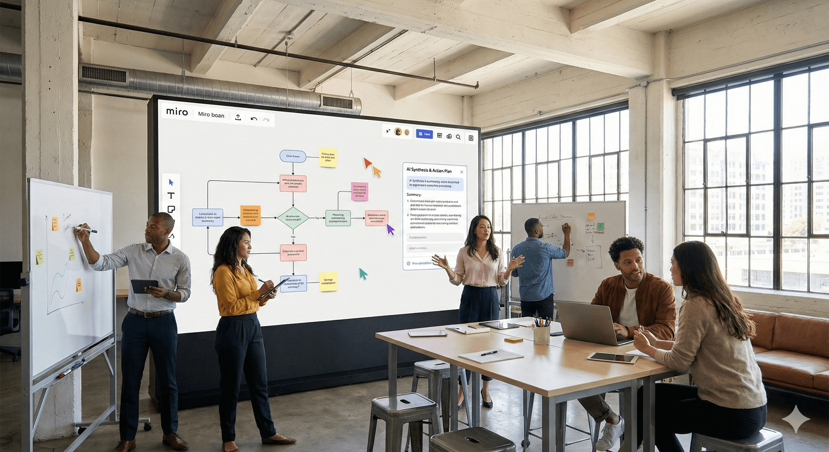 In a modern office space, a diverse group of professionals collaborates around a large digital screen displaying a detailed flowchart, utilizing the Miro platform, as several laptops and whiteboards surround them to facilitate discussion and productivity, aligning with the theme of the Miro Forrester Collaboration Report.