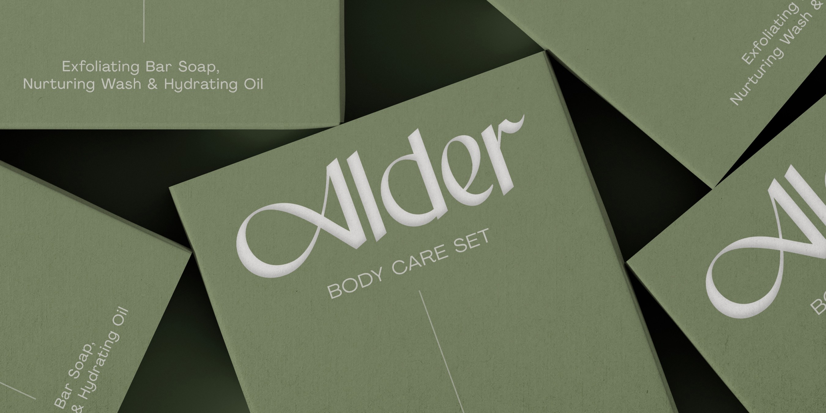 Alder brand packaging – sage green boxes.