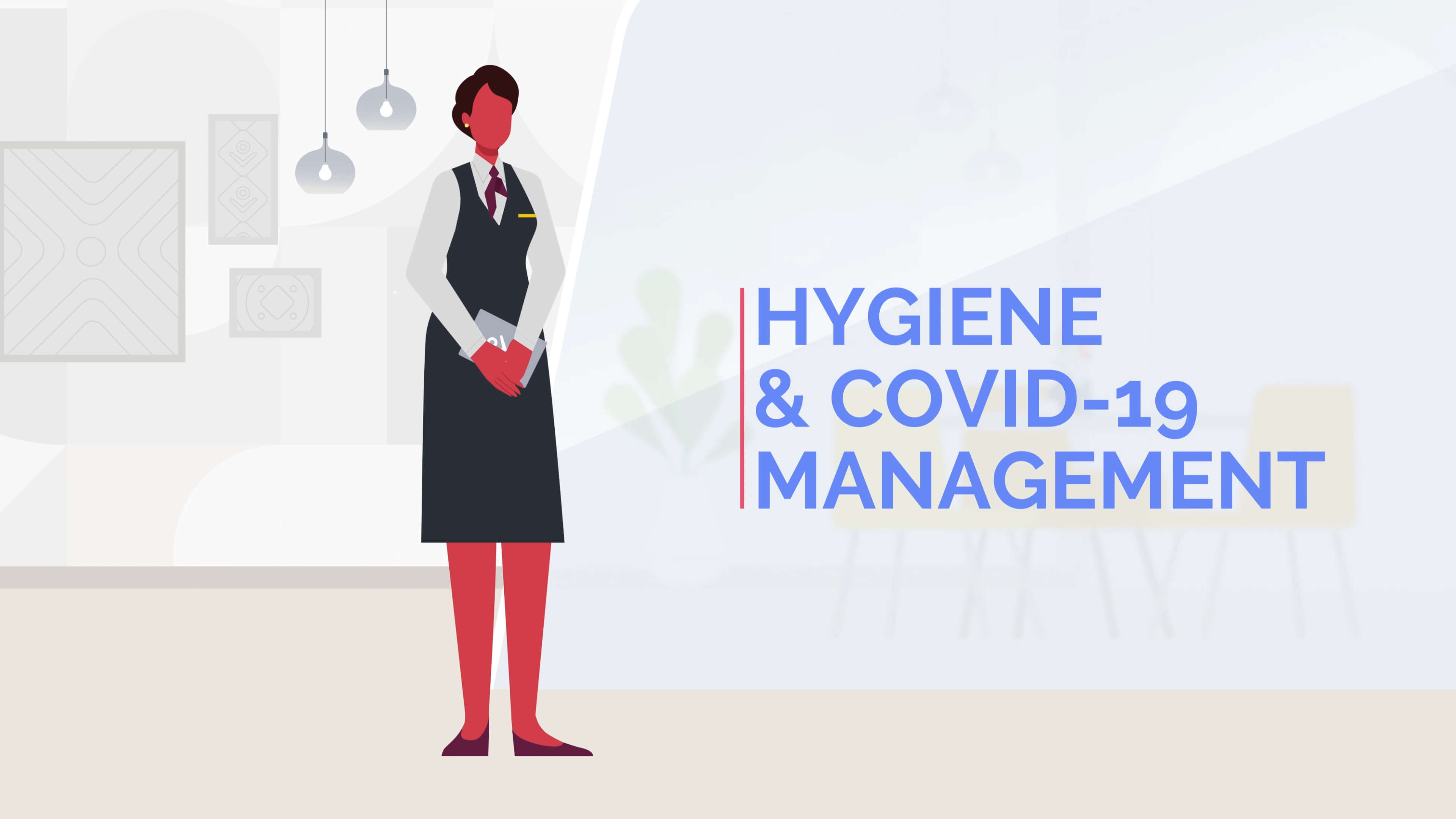 The stylized and simplified full female figure working in a hotel, in a black and white uniform with the tag name on her chest and text saying Hygiene and COVID-19 management 