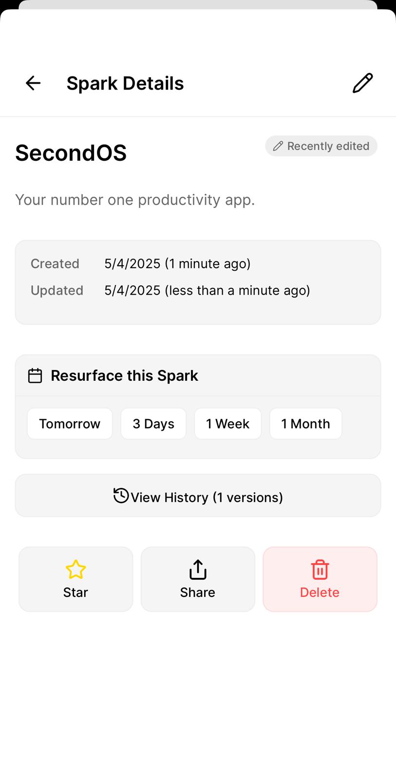 SecondOS UI showcasing Spark Details