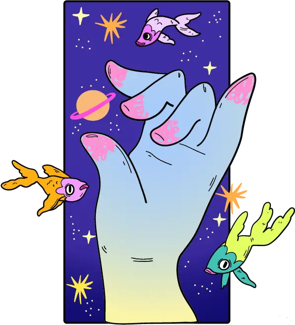 illustration of a hand in space with planets and fish floating around it