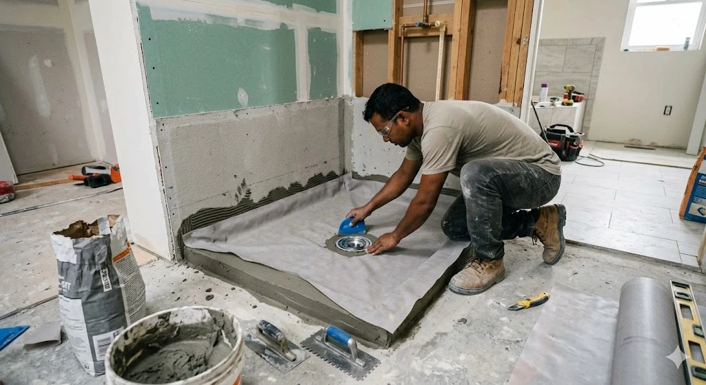 Shower waterproofing membrane installation in a Fort Lauderdale residential bathroom — Planet Construction FL