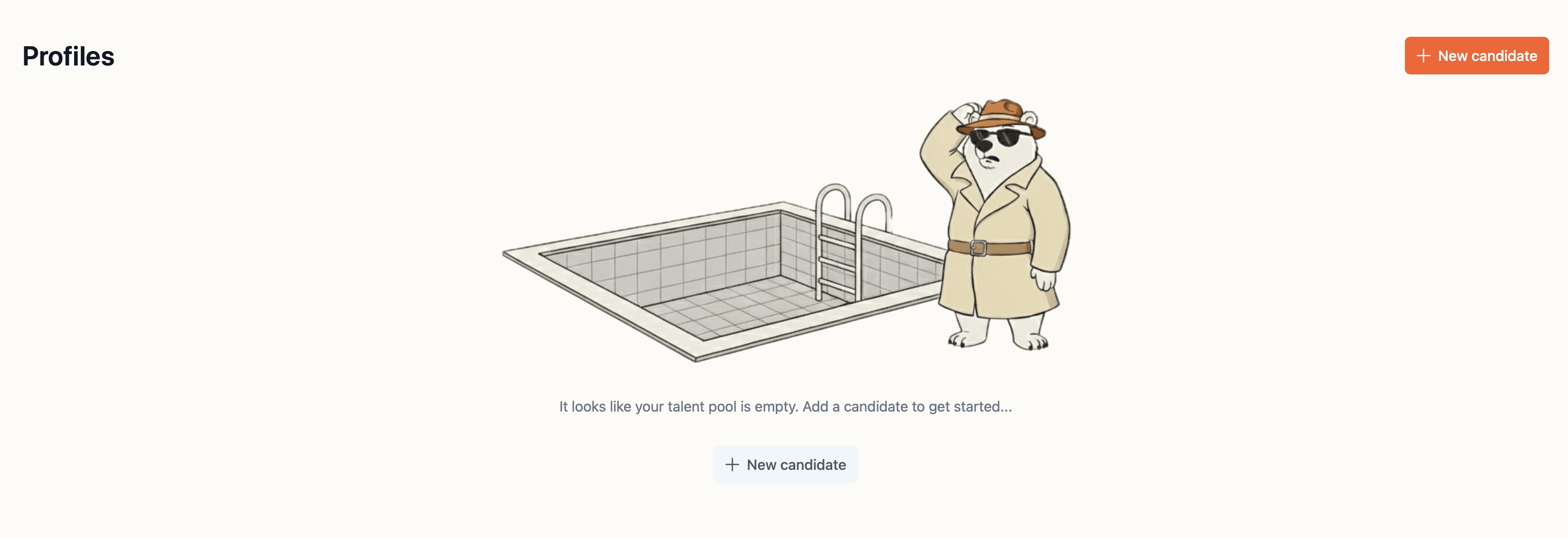 Screenshot of an empty candidate database, with a button "New candidate".