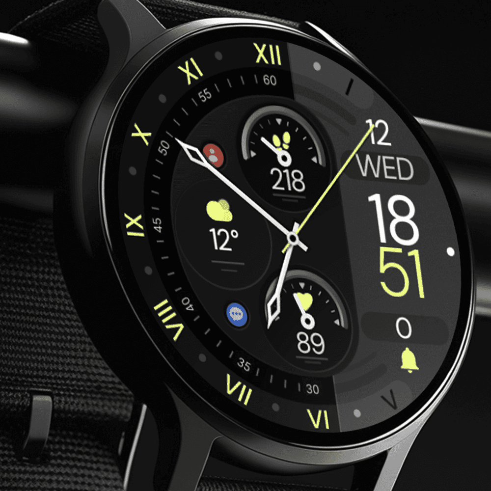 Modern Wear OS smartwatch displaying a hybrid watch face