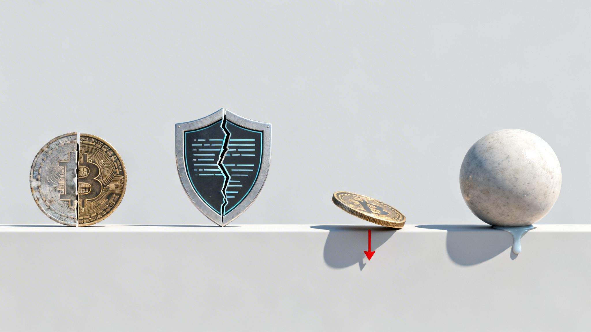 A split Bitcoin, a cracked shield, a falling Bitcoin, and a melting sphere symbolize cryptocurrency risks.