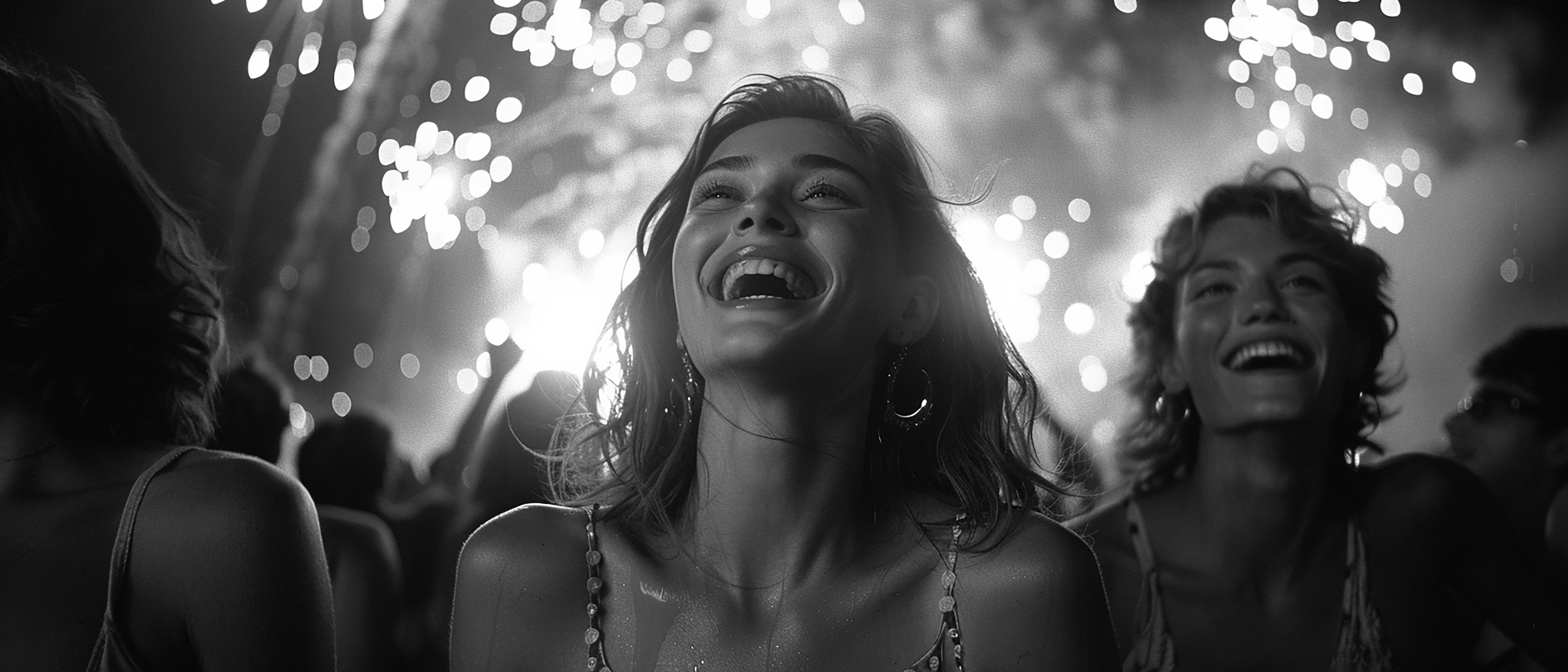 Two smiling people with a blurred concert background.