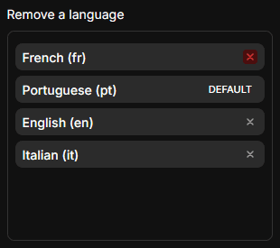 Remove a language section showing the list of languages with the red × button highlighted