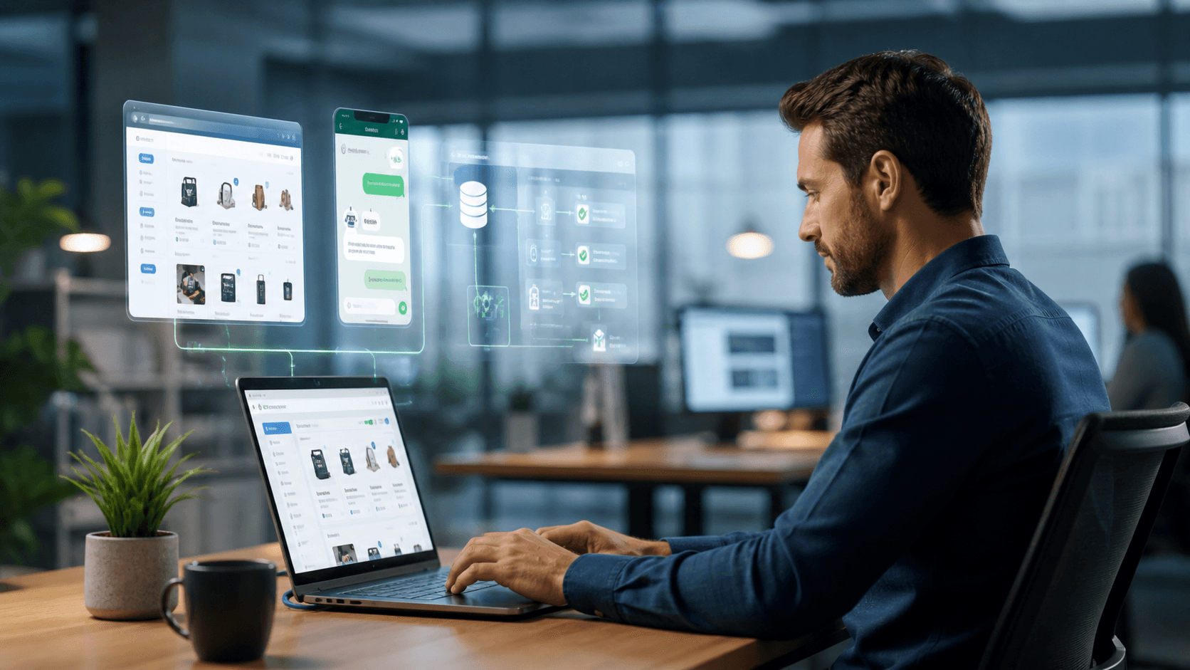 Homem trabalhando em um notebook em um escritório moderno, com interfaces digitais flutuantes ao redor mostrando catálogo de produtos, conversa estilo chat e fluxos de integração, representando automação de vendas e sistemas conectados.