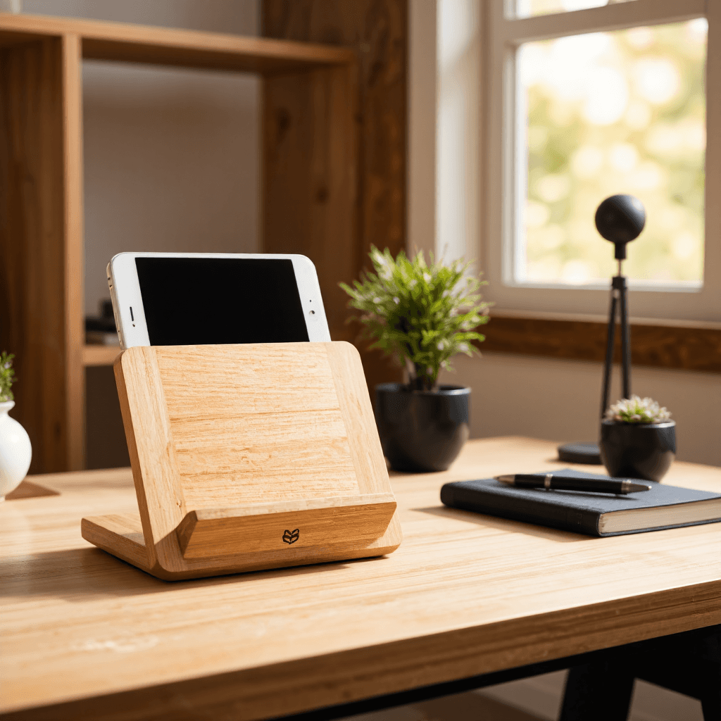 product photography of a wooden phone stand for holding devices