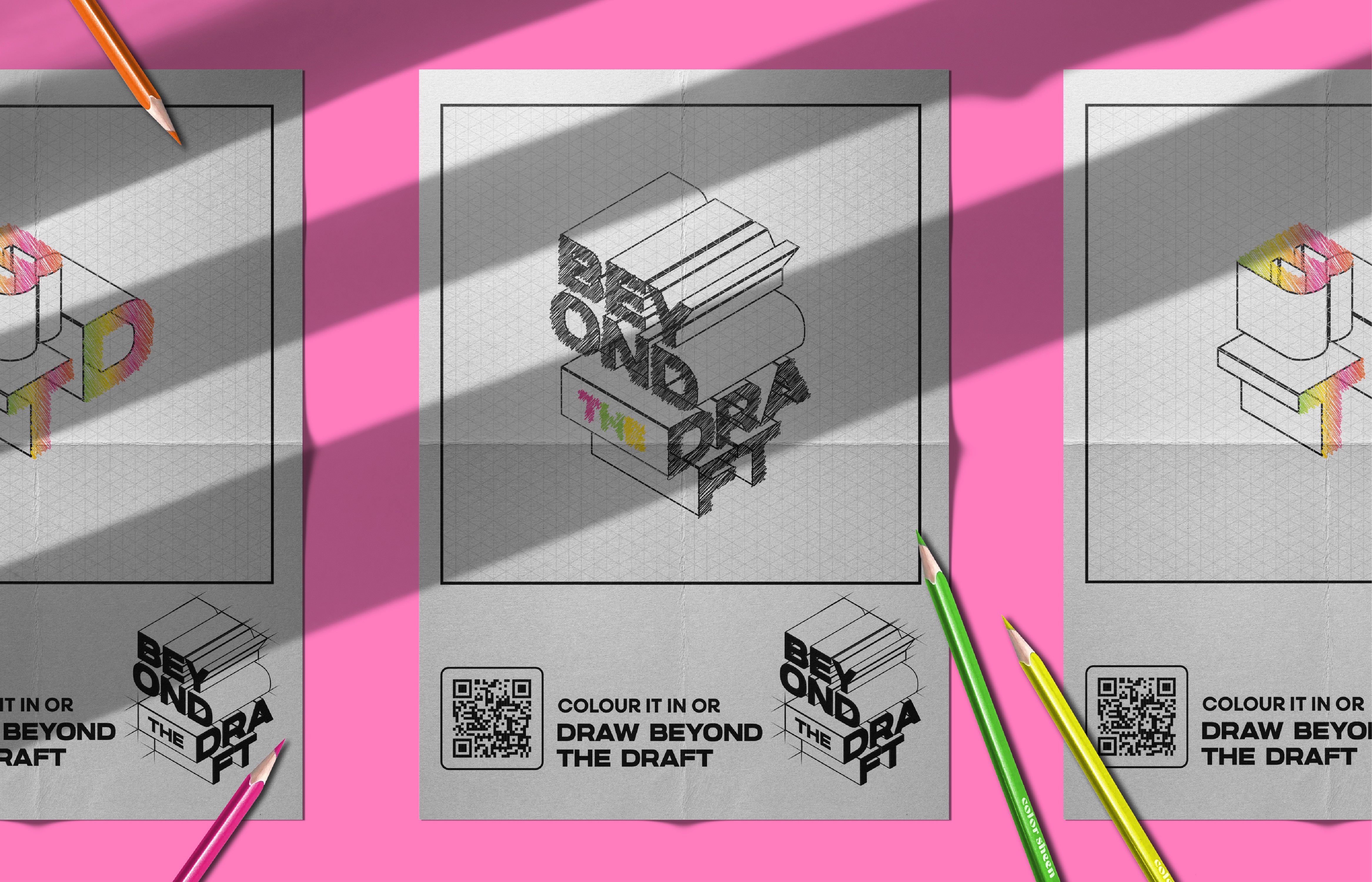 Mockup of 3 sheets that have a colouring page aspect to it. This is an interactive piece where visitors can colour in the words themselves.