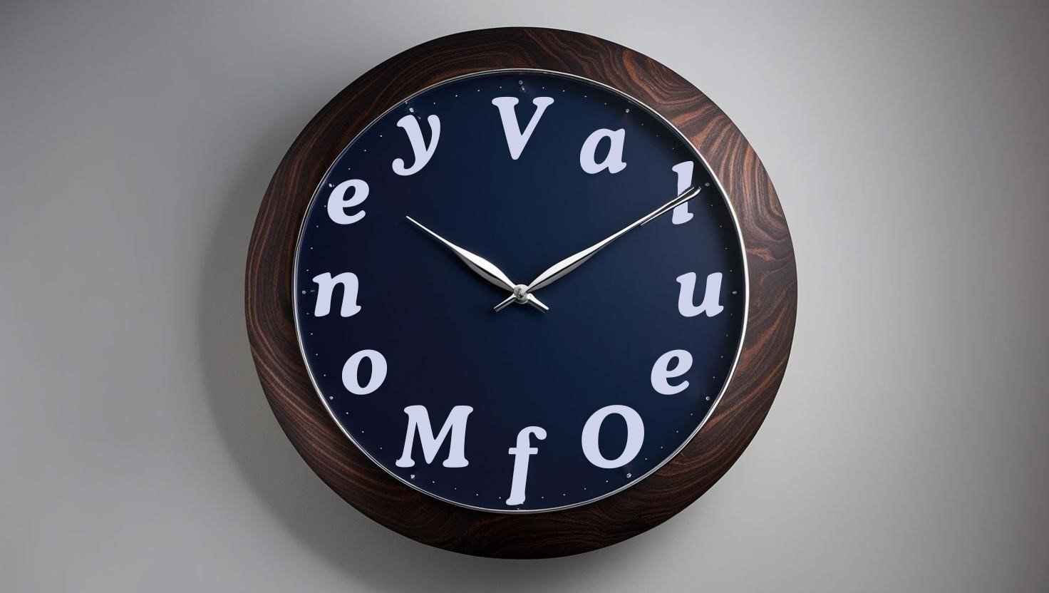 A clock with the numbers replaced by letters spelling out “Value of Money”