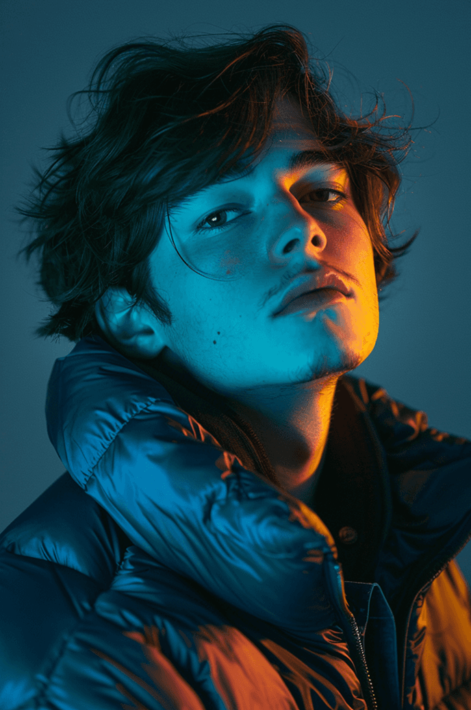 A young man wearing a puffy jacket stands confidently, showcasing a casual and stylish winter look.