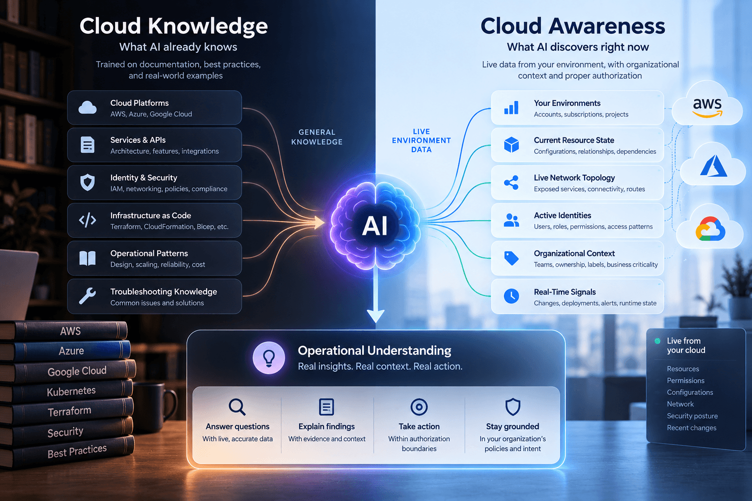 Cloud Knowledge and Cloud Awareness combine to give AI operational understanding, pairing learned expertise with live AWS, Azure, and Google Cloud state, identities, network relationships, organizational context, and real-time signals.