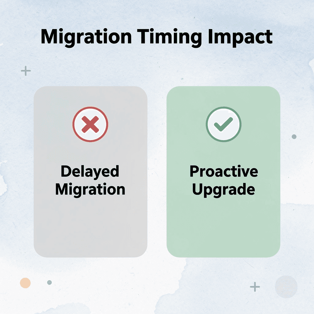 Before and after infographic comparing delayed migration versus proactive upgrade outcomes