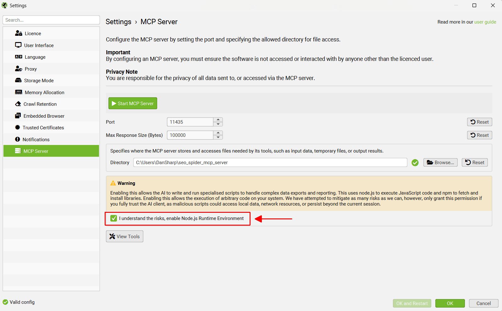 Screaming Frog MCP Server — accept Node.js