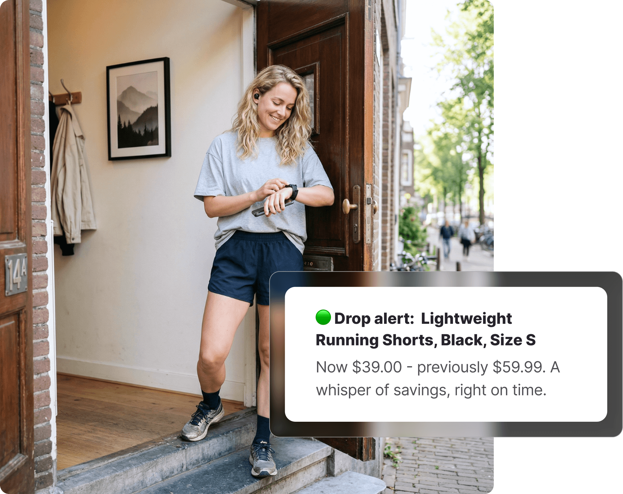 Woman in JD Sports-style running gear checking her smartwatch at a front door, wearing trainers and wireless earbuds, about to head out for a run, with a price drop alert notification visible.