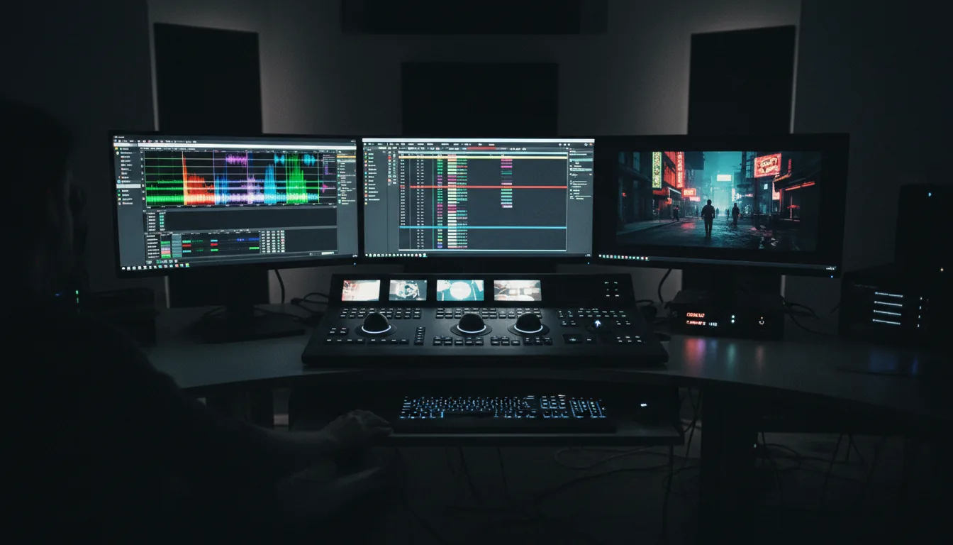 DSLR photography, wide-angle shot of a professional video editing workstation in a dark room with cinematic contrast. The desk is dominated by a large, matte black Blackmagic Design color grading control surface with three trackballs and a backlit keyboard. Three monitors glow, displaying the DaVinci Resolve software interface: the left monitor shows colorful video scopes and waveforms, the center shows the main editing timeline, and the right monitor displays a full-screen video preview. The lighting is moody, coming primarily from the screens, creating a high-tech, focused atmosphere with a subtle film grain texture.