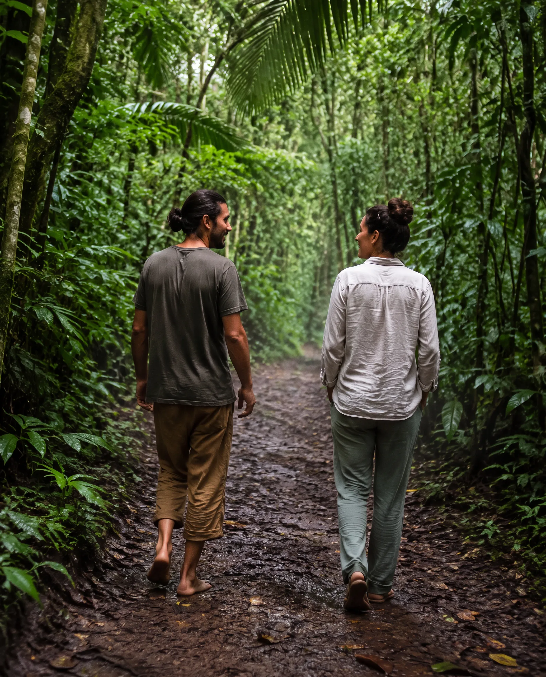 Retreat participants walking and talking along a jungle path in Costa Rica.