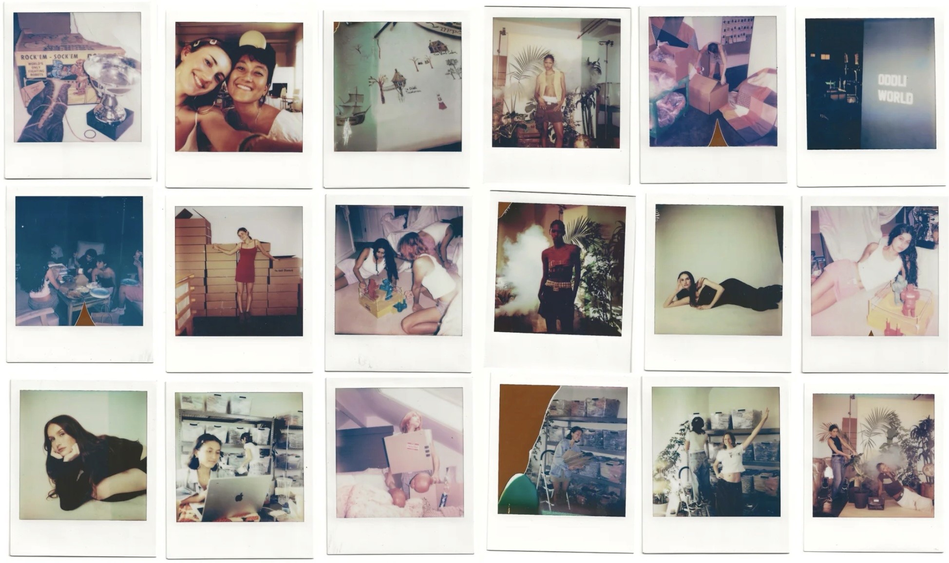 Grid of polaroid-style photos showing lifestyle and product shots including people, vintage items, and Oddli's branding