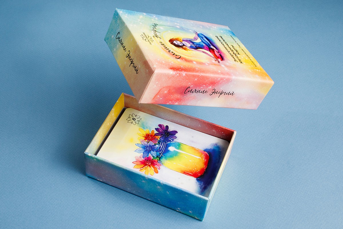 Rigid boxes, card decks, boxes, packaging for "Radiance of Energies" printed on coated paper, coated board, binding board with mounting to board, digital printing.