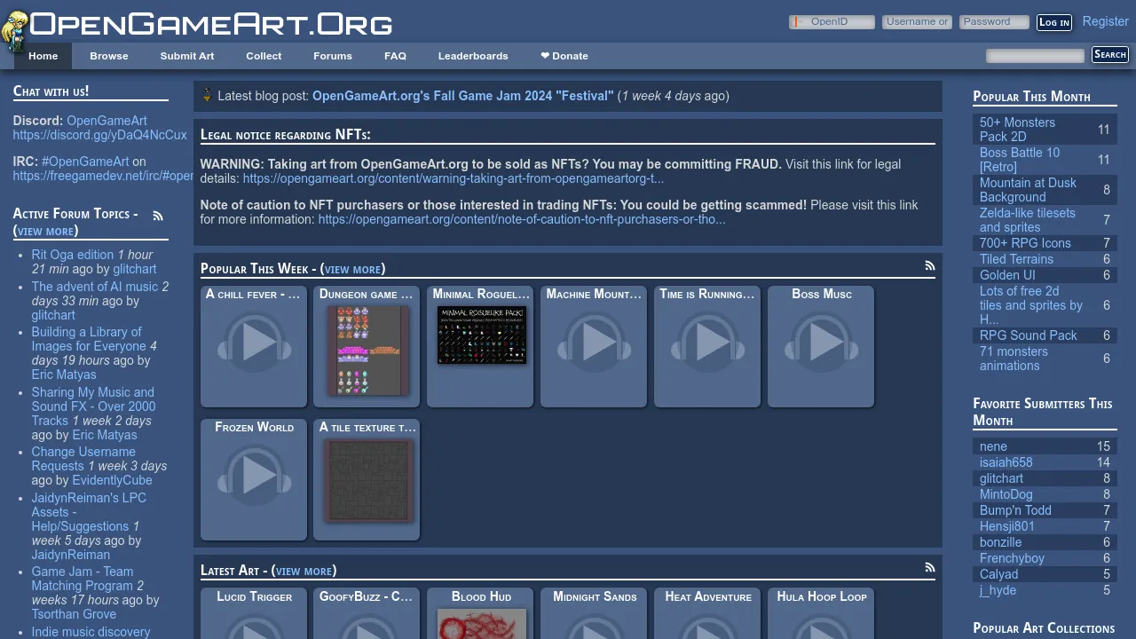 Screenshot of the OpenGameArt.org website featuring free game art assets repository