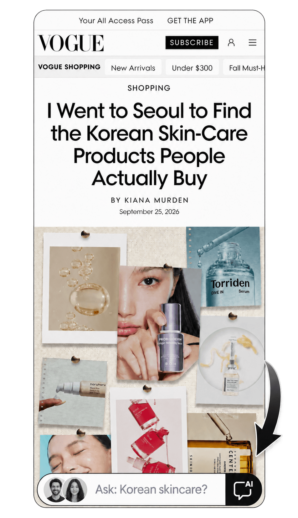 Vogue article page with CreatorChat launcher ready for the reader to open the on-site AI chat