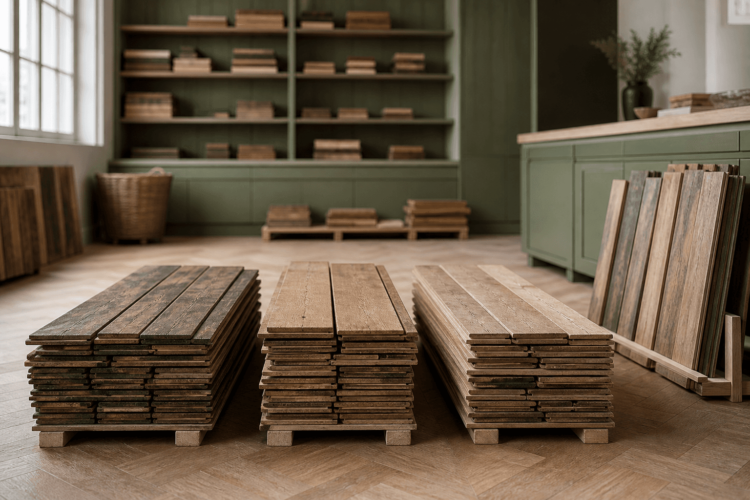 Lames de parquet ancien triées, étiquetées et stockées à plat avant leur repose
