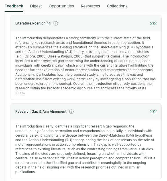 thesify feedback on research gap and aim alignment showing a perfect score for a cerebral palsy study