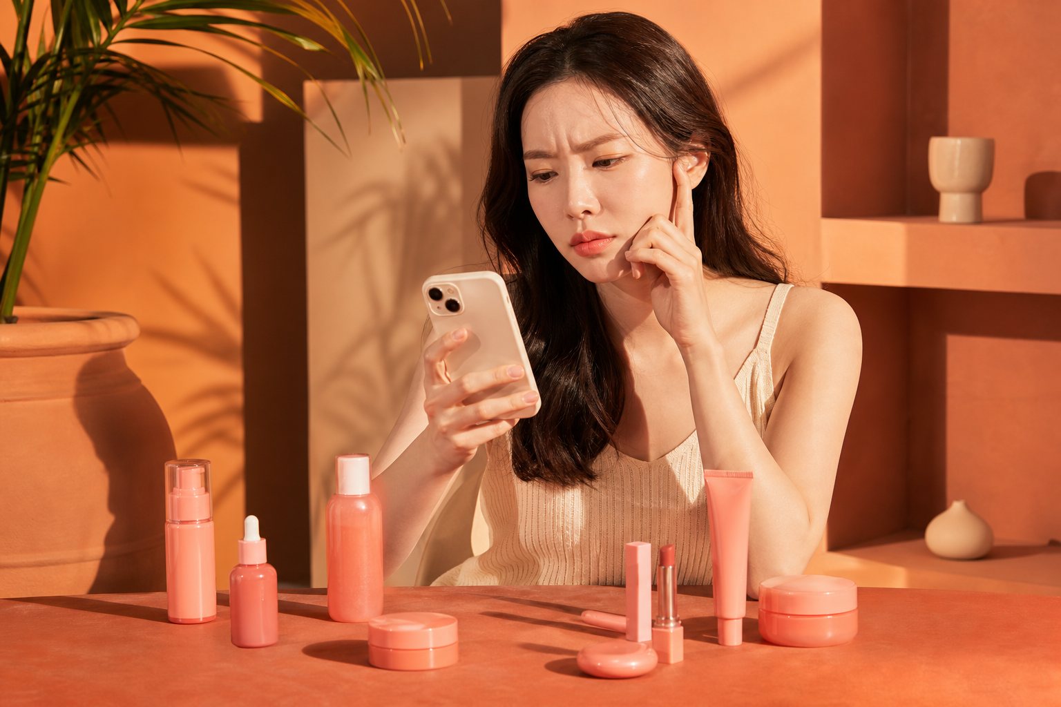 Coral skincare arranged on a terracotta surface