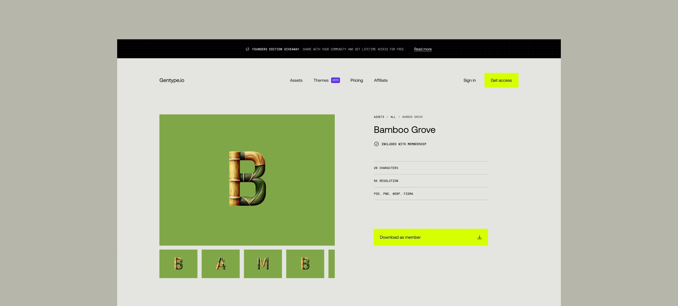 Gentype.io product page showcasing the ‘Bamboo Grove’ letter set with a bamboo-inspired 3D letter ‘B’ on a green background and neon download button.