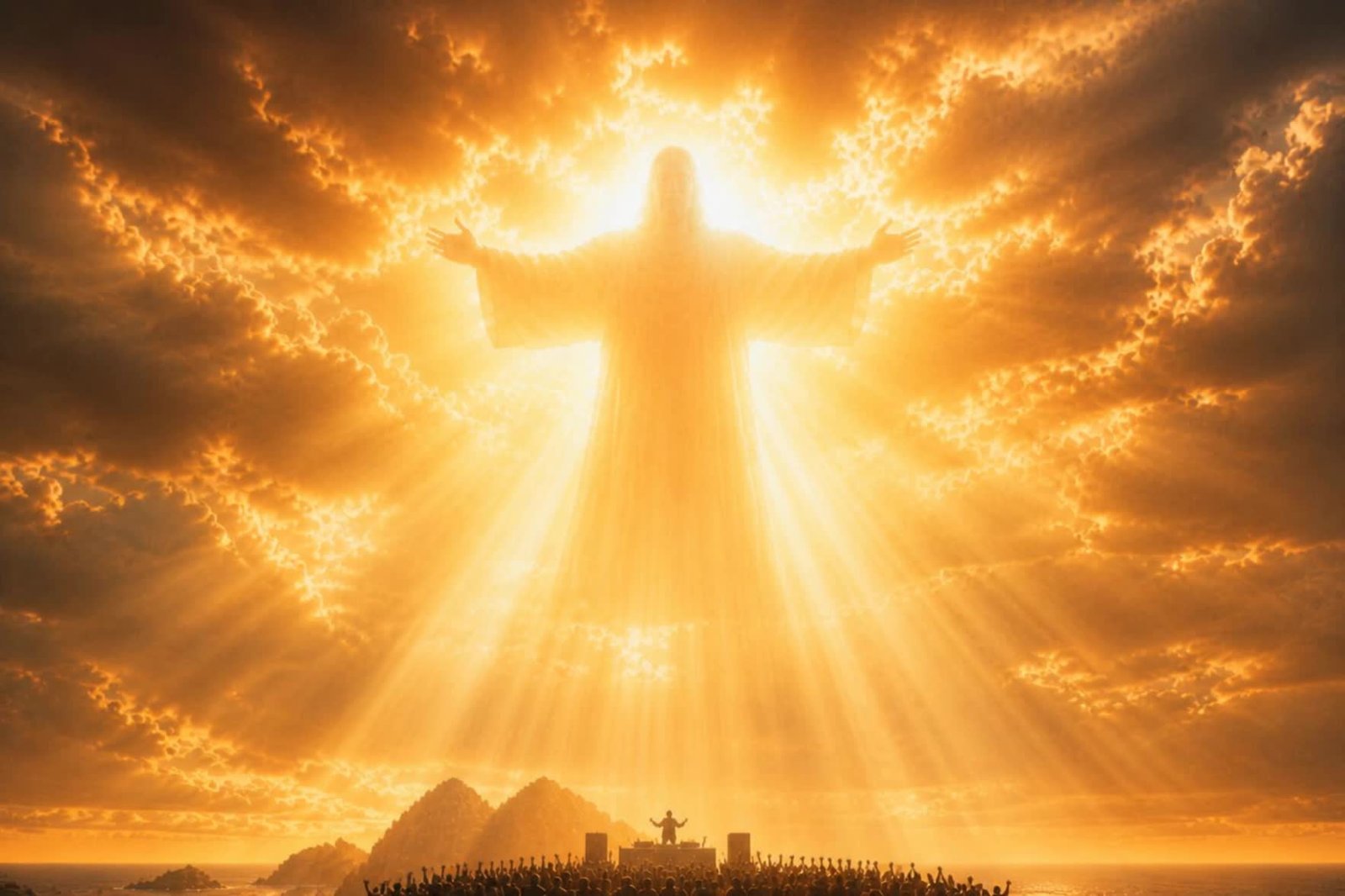Scene 24: a huge figure of light with open arms filling the sky above the cliff
